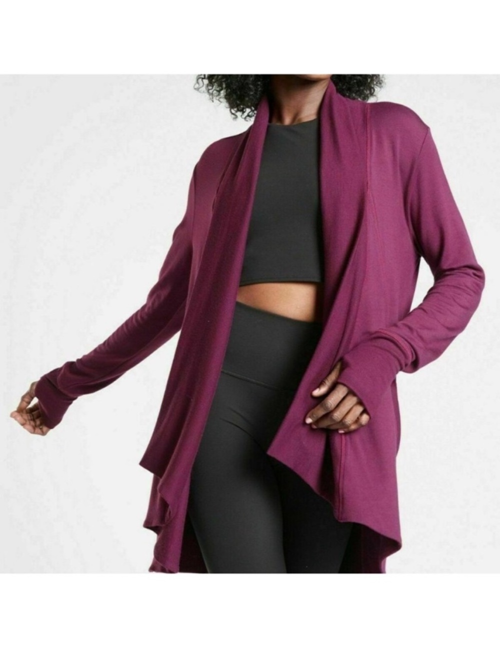 Athleta Pranayama Restore Wrap Open Front Burgundy Draped Cardigan Size XS